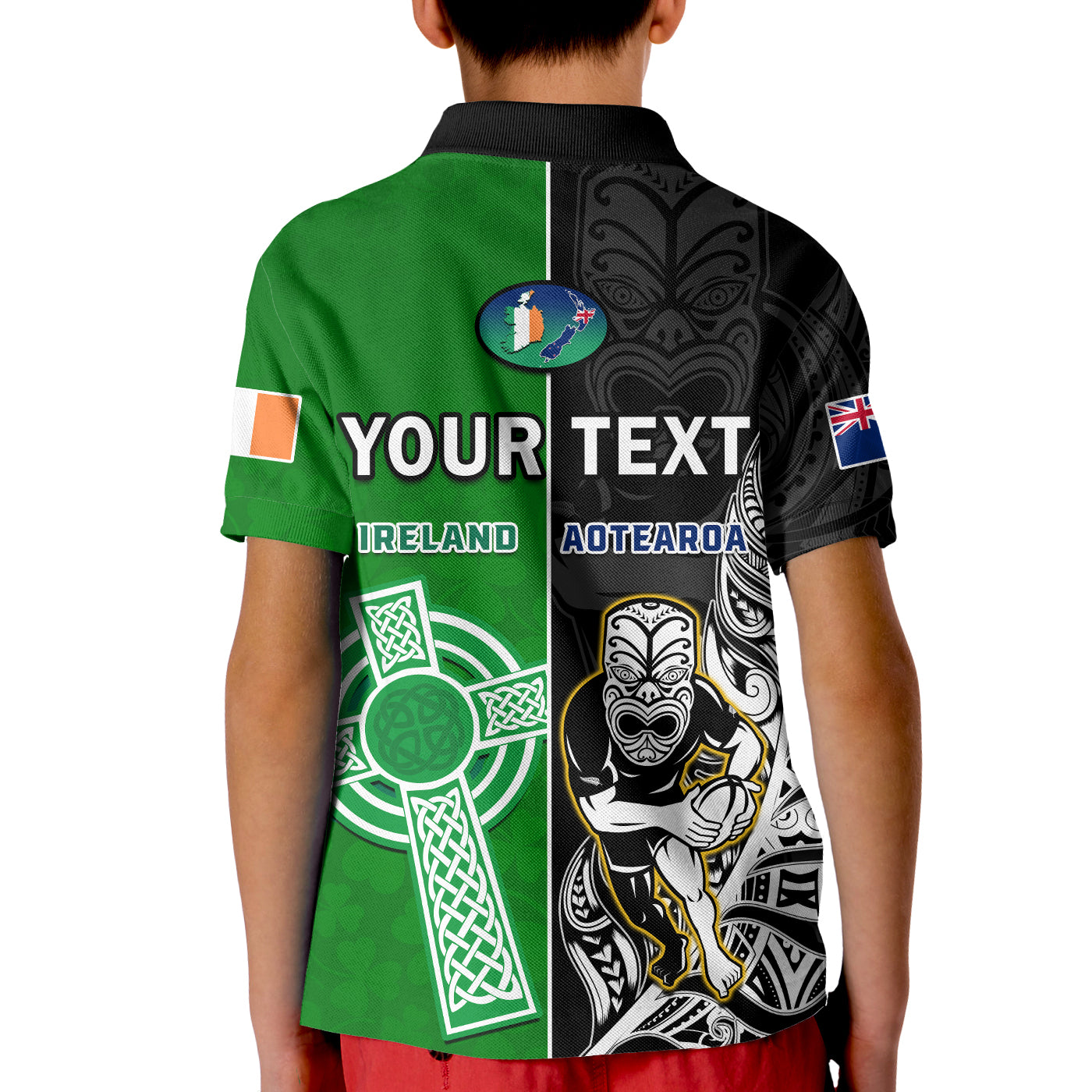 (Custom Personalised) New Zealand And Ireland Rugby Polo Shirt KID All Black Maori Mix Shamrocks - Vibe Hoodie Shop