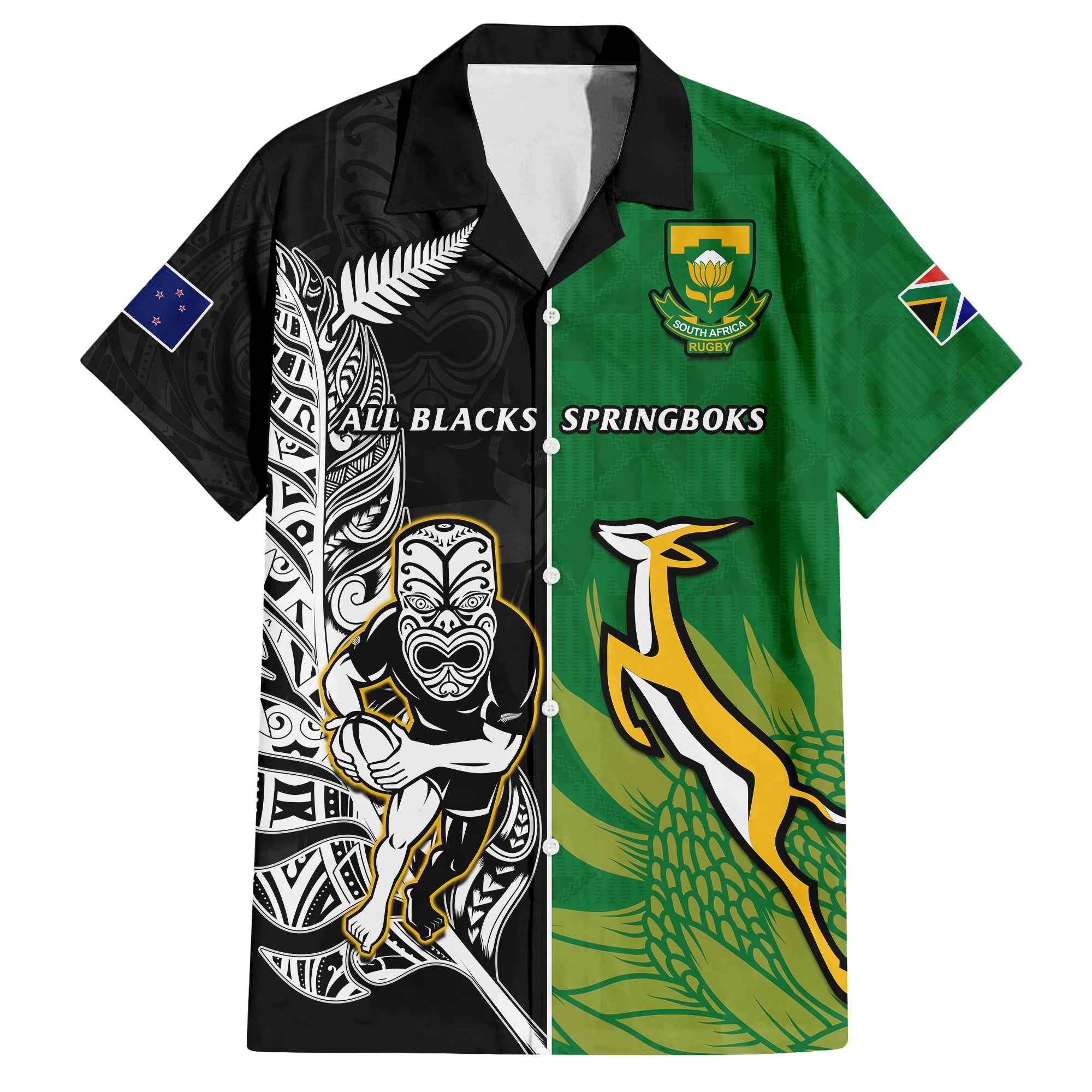 (Custom Personalised) New Zealand And South Africa Rugby Hawaiian Shirt All Black Maori Mix Springboks - Vibe Hoodie Shop