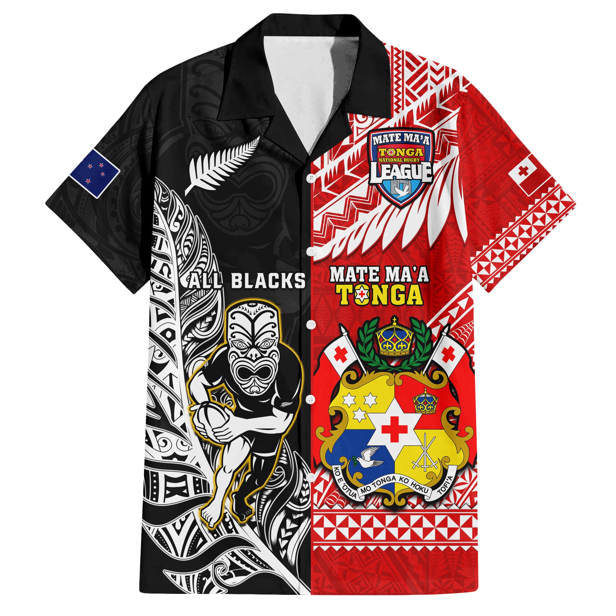 (Custom Personalised) Mate Maa Tonga And All Black Rugby Hawaiian Shirt Polynesian Mix NZ Maori Fern - Vibe Hoodie Shop