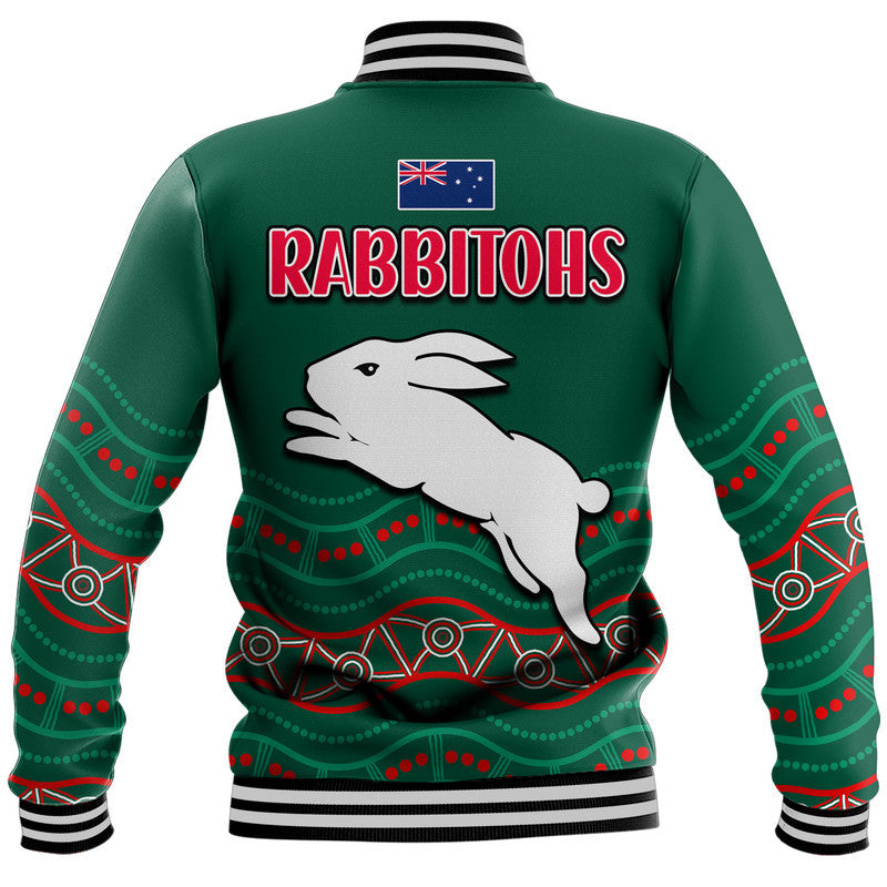 Rabbitohs Australia Day Baseball Jacket Flag Map and Aboriginal Wave - Vibe Hoodie Shop