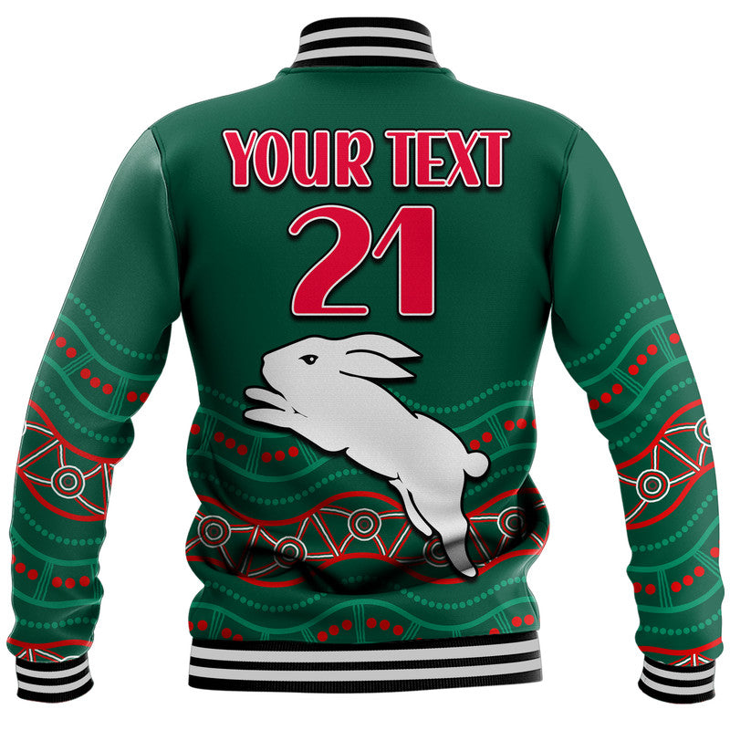 (Custom Personalised) Rabbitohs Australia Day Baseball Jacket Flag Map and Aboriginal Wave - Vibe Hoodie Shop
