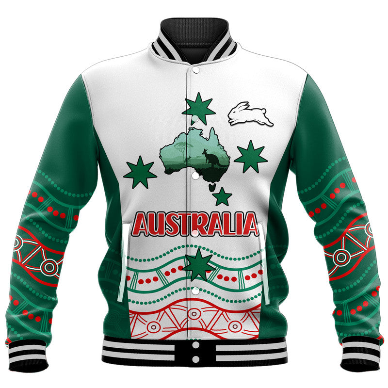 Rabbitohs Australia Day Baseball Jacket Flag Map and Aboriginal Wave - Vibe Hoodie Shop