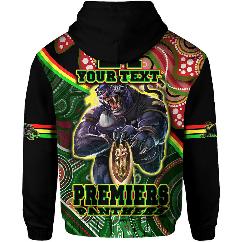 (Custom Personalised) Penrith Panthers Premiers Zip Up And Pullover Hoodie Black Panther With Aboriginal Arty LT9 - Vibe Hoodie Shop