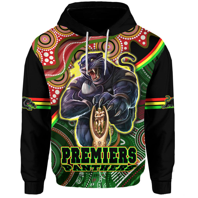 Penrith Panthers Premiers Zip Up And Pullover Hoodie Black Panther With Aboriginal Arty LT9 - Vibe Hoodie Shop