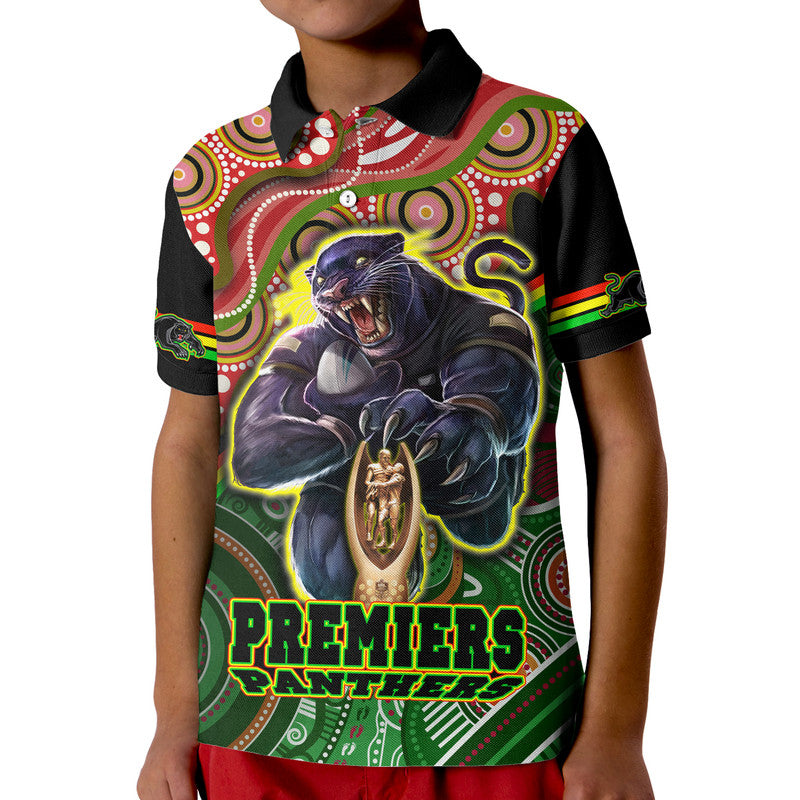 Penrith Panthers Premiers Polo Shirt Black Panther With Aboriginal Arty LT9 - Vibe Hoodie Shop