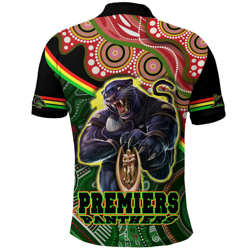 Penrith Panthers Premiers Polo Shirt Black Panther With Aboriginal Arty LT9 - Vibe Hoodie Shop