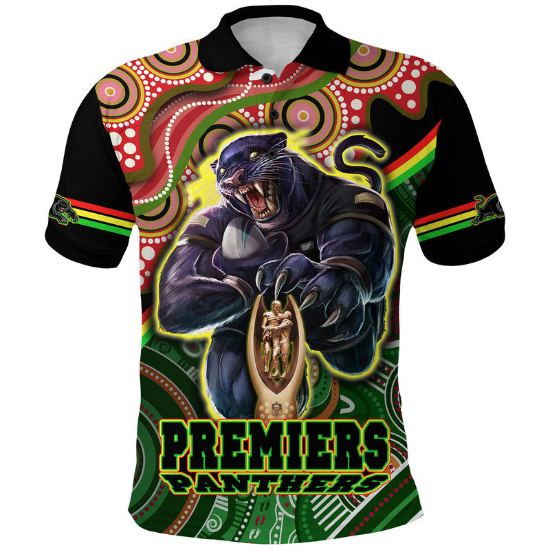 Penrith Panthers Premiers Polo Shirt Black Panther With Aboriginal Arty LT9 - Vibe Hoodie Shop