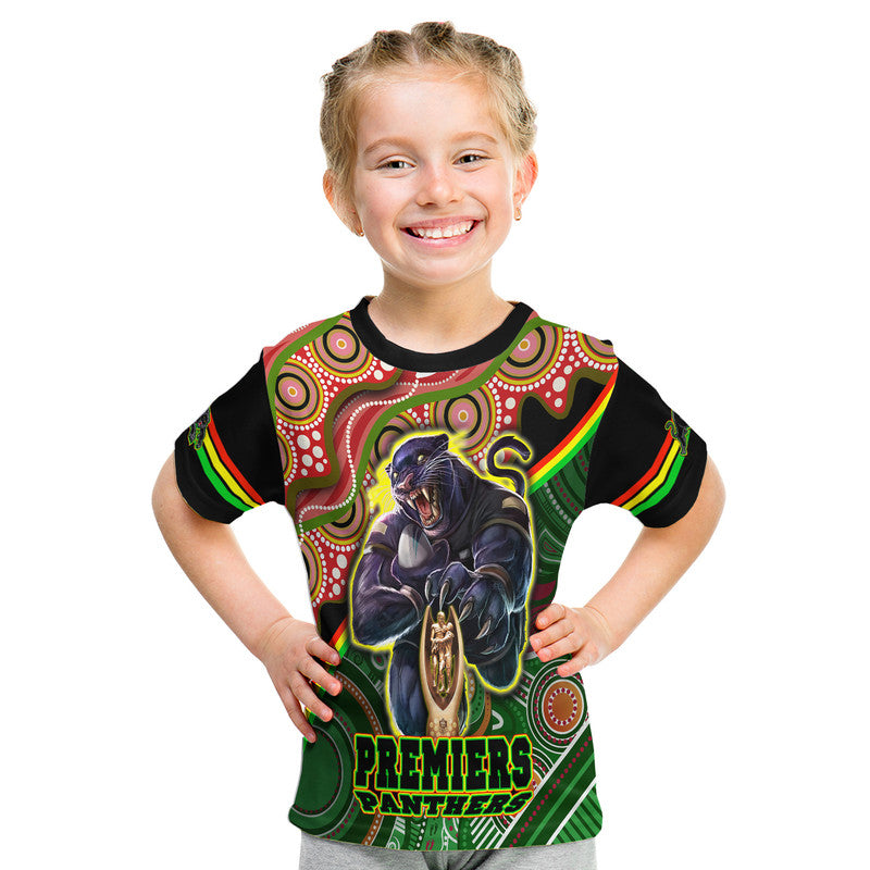 (Custom Personalised) Penrith Panthers Premiers T Shirt Black Panther With Aboriginal Arty LT9 - Vibe Hoodie Shop