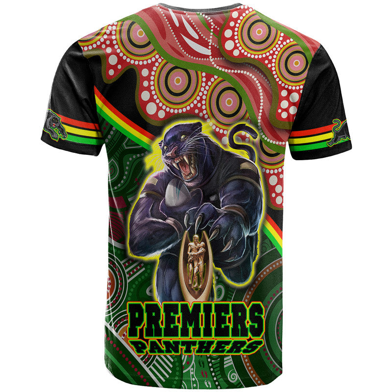 Penrith Panthers Premiers T Shirt Black Panther With Aboriginal Arty LT9 - Vibe Hoodie Shop