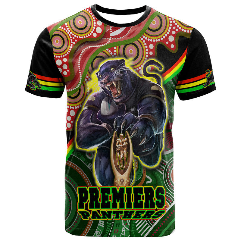 (Custom Personalised) Penrith Panthers Premiers T Shirt Black Panther With Aboriginal Arty LT9 - Vibe Hoodie Shop