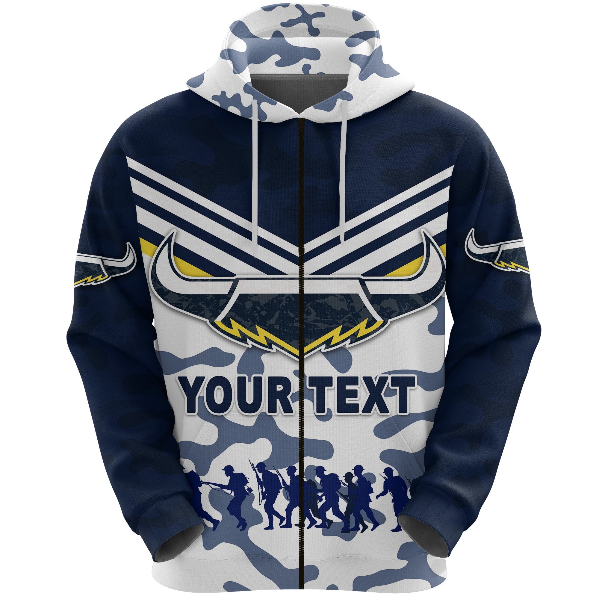 (Custom Personalised) North Queensland Cowboys Zip Hoodie ANZAC Day Camouflage Vibes - White - Vibe Hoodie Shop