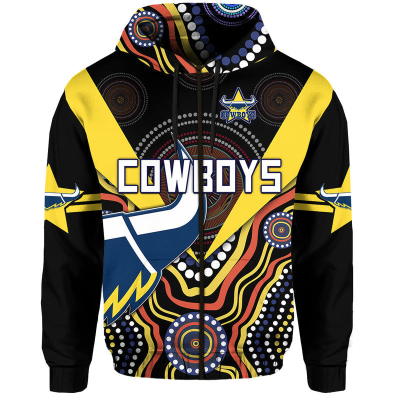 Cowboys Rugby Zip Up And Pullover Hoodie Indigenous Arboriginal Dot Paint Black Style LT9 - Vibe Hoodie Shop