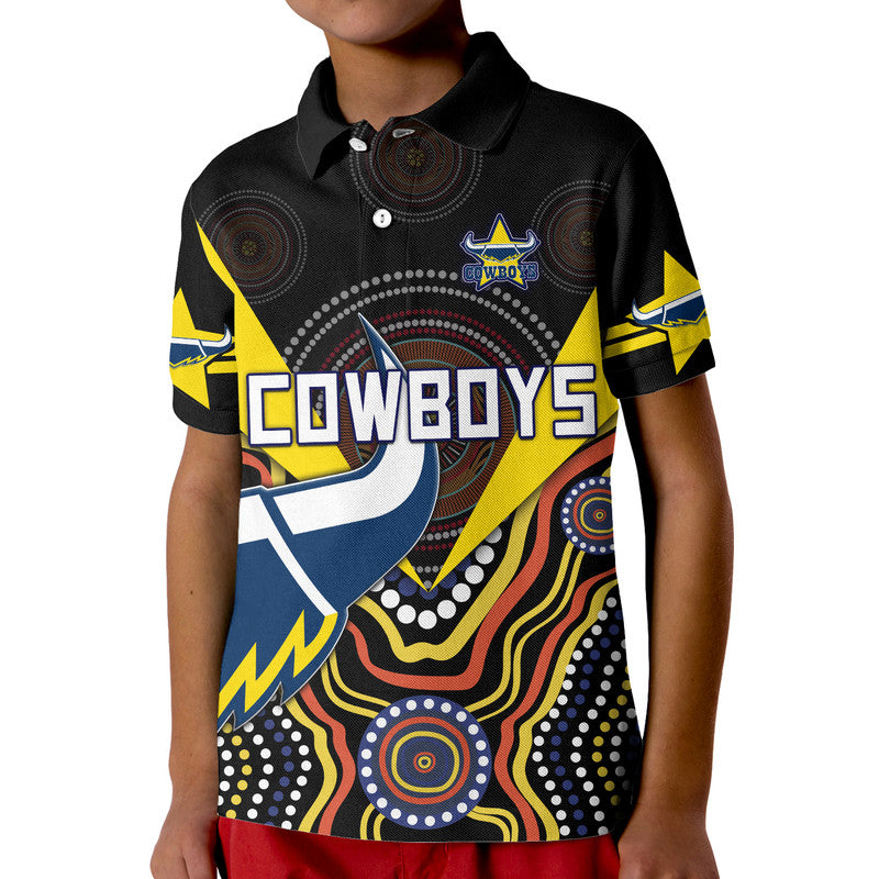 (Custom Personalised) Cowboys Rugby Polo Shirt Indigenous Arboriginal Dot Paint Black Style LT9 - Vibe Hoodie Shop