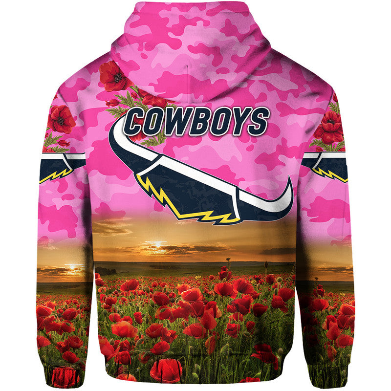 North Queensland Cowboys ANZAC 2022 Zip Up And Pullover Hoodie Poppy Flowers Vibes - Pink LT8 - Vibe Hoodie Shop