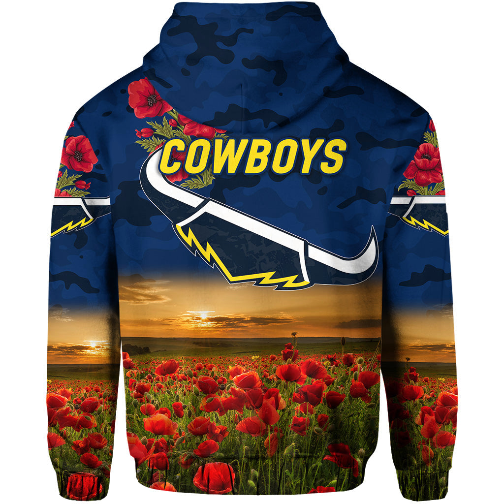 North Queensland Cowboys ANZAC 2022 Zip Up And Pullover Hoodie Poppy Flowers Vibes - Blue LT8 - Vibe Hoodie Shop