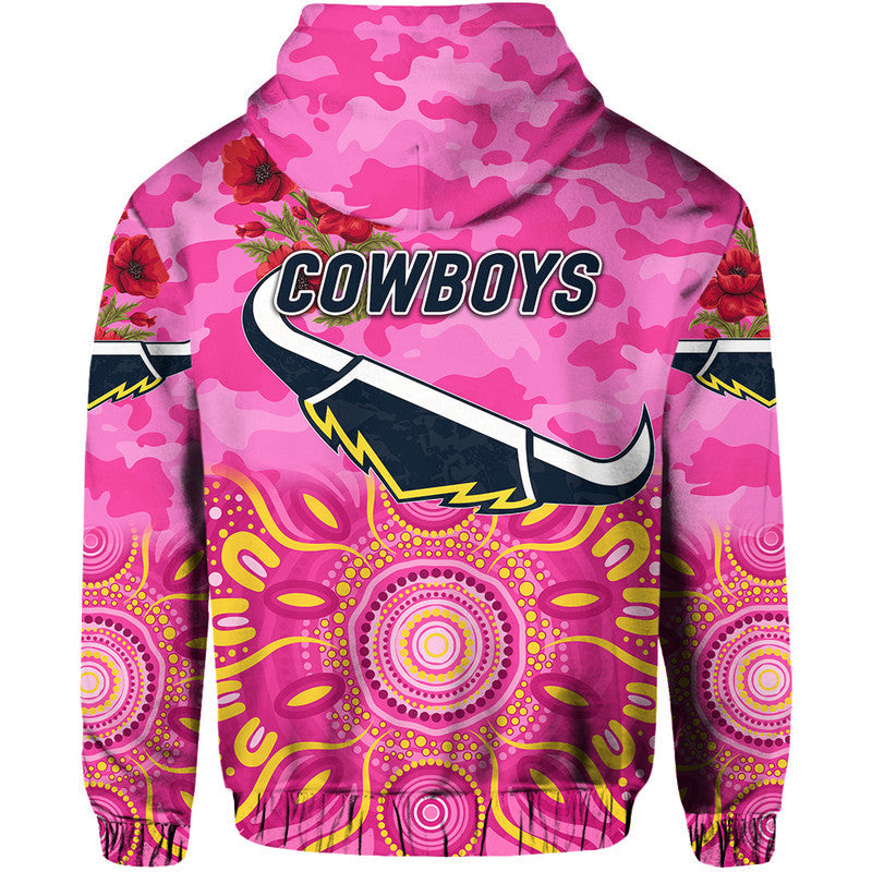 North Queensland Cowboys ANZAC 2022 Zip Up And Pullover Hoodie Indigenous Vibes - Pink LT8 - Vibe Hoodie Shop