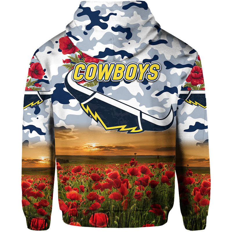 North Queensland Cowboys ANZAC 2022 Zip Up And Pullover Hoodie Poppy Flowers Vibes - White LT8 - Vibe Hoodie Shop