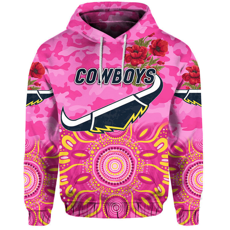 North Queensland Cowboys ANZAC 2022 Zip Up And Pullover Hoodie Indigenous Vibes - Pink LT8 - Vibe Hoodie Shop