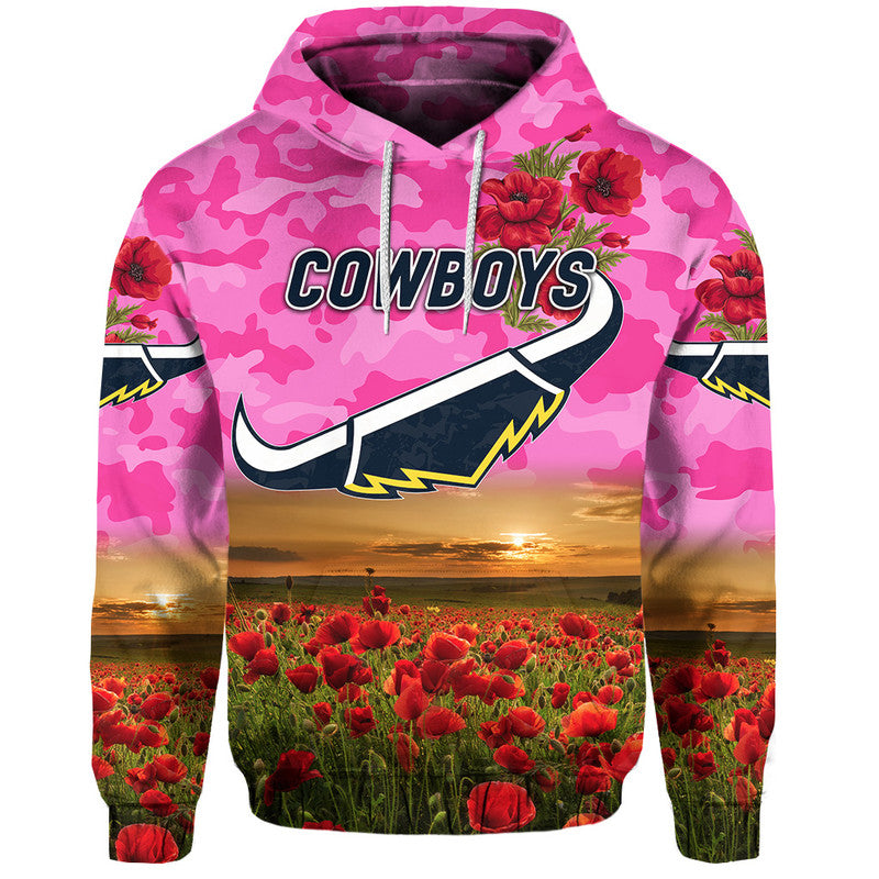 North Queensland Cowboys ANZAC 2022 Zip Up And Pullover Hoodie Poppy Flowers Vibes - Pink LT8 - Vibe Hoodie Shop