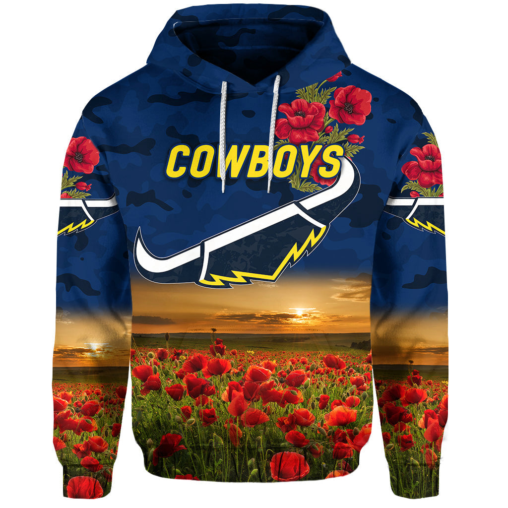 North Queensland Cowboys ANZAC 2022 Zip Up And Pullover Hoodie Poppy Flowers Vibes - Blue LT8 - Vibe Hoodie Shop