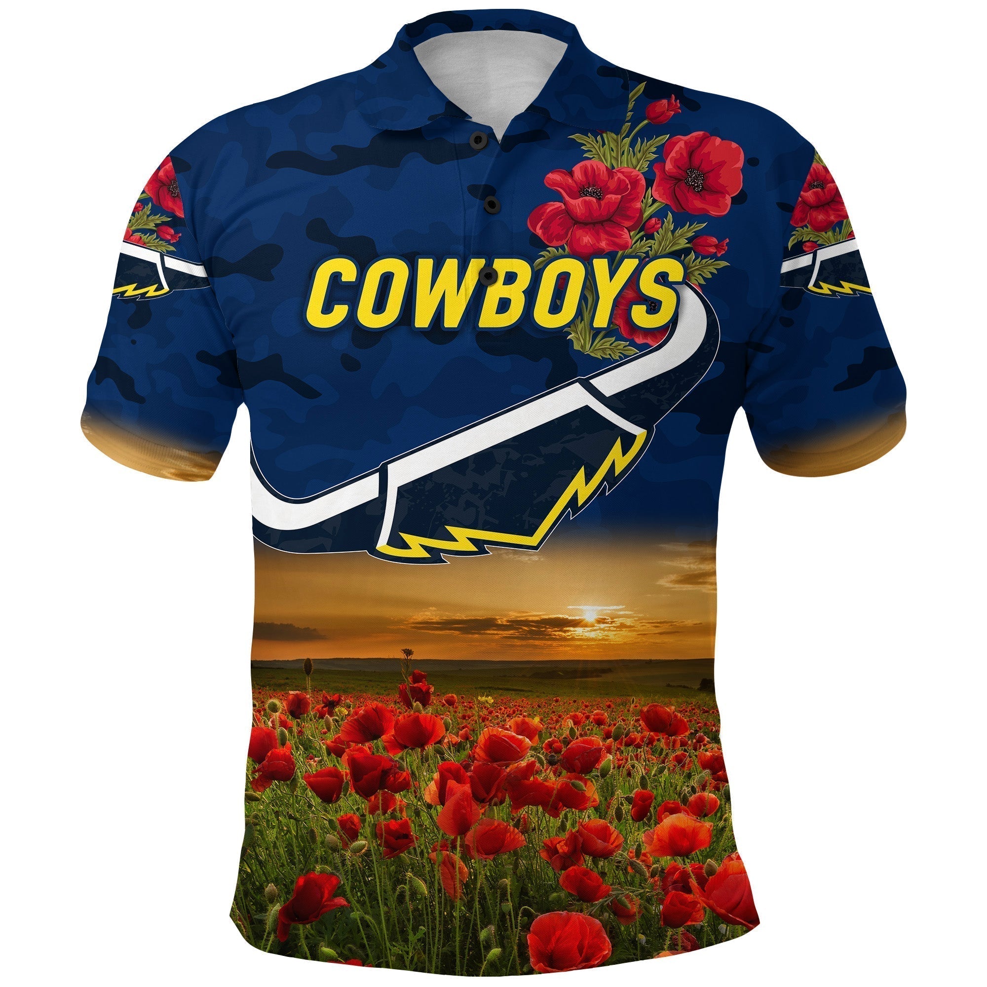 (Custom Personalised) Cowboys ANZAC Polo Shirt Poppy Flowers Vibes - Blue - Vibe Hoodie Shop