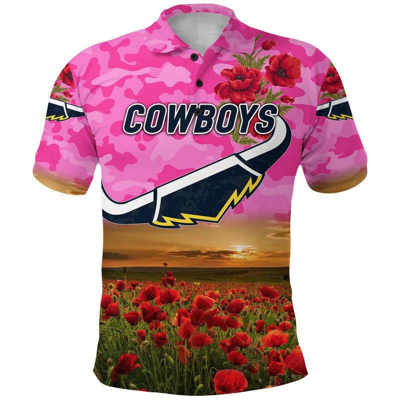 North Queensland Cowboys ANZAC 2022 Polo Shirt Poppy Flowers Vibes - Pink - Vibe Hoodie Shop