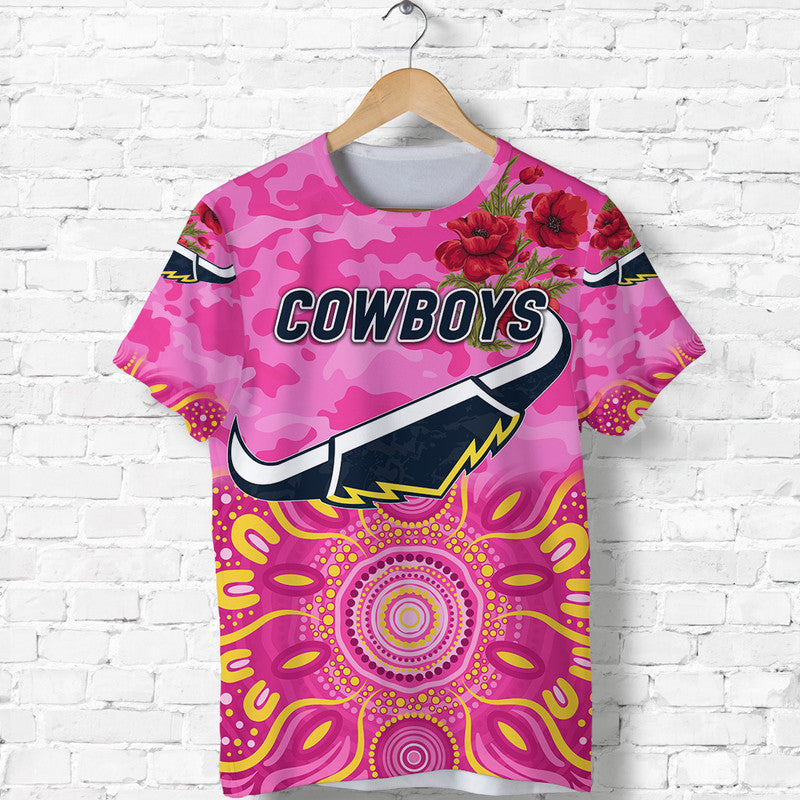 (Custom Personalised) North Queensland Cowboys ANZAC 2022 T shirt Indigenous Vibes - Pink - Vibe Hoodie Shop