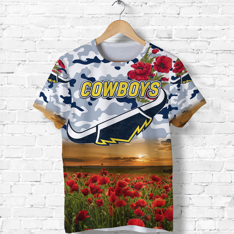 (Custom Personalised) North Queensland Cowboys ANZAC 2022 T shirt Poppy Flowers Vibes - White - Vibe Hoodie Shop