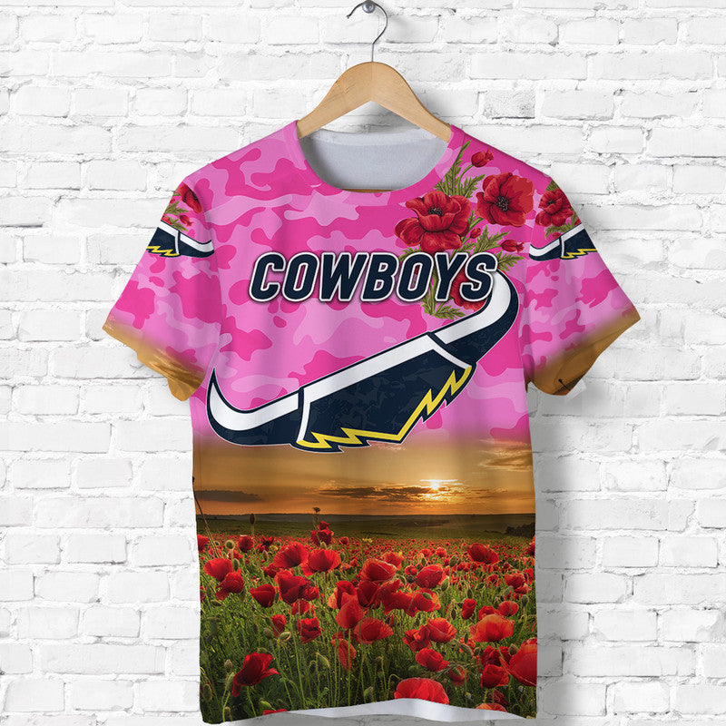 (Custom Personalised) North Queensland Cowboys ANZAC 2022 T shirt Poppy Flowers Vibes - Pink - Vibe Hoodie Shop