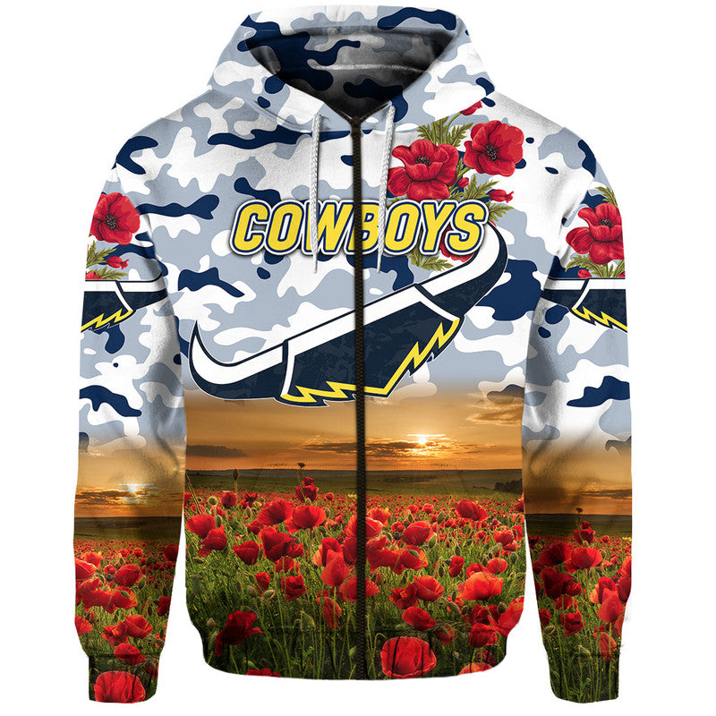 North Queensland Cowboys ANZAC 2022 Zip Up And Pullover Hoodie Poppy Flowers Vibes - White LT8 - Vibe Hoodie Shop