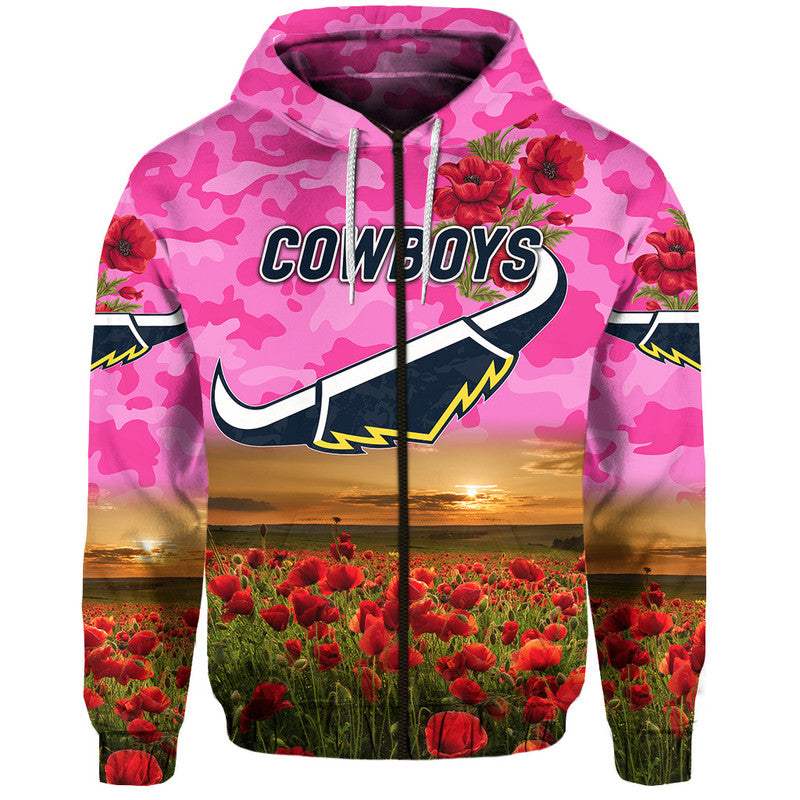 North Queensland Cowboys ANZAC 2022 Zip Up And Pullover Hoodie Poppy Flowers Vibes - Pink LT8 - Vibe Hoodie Shop