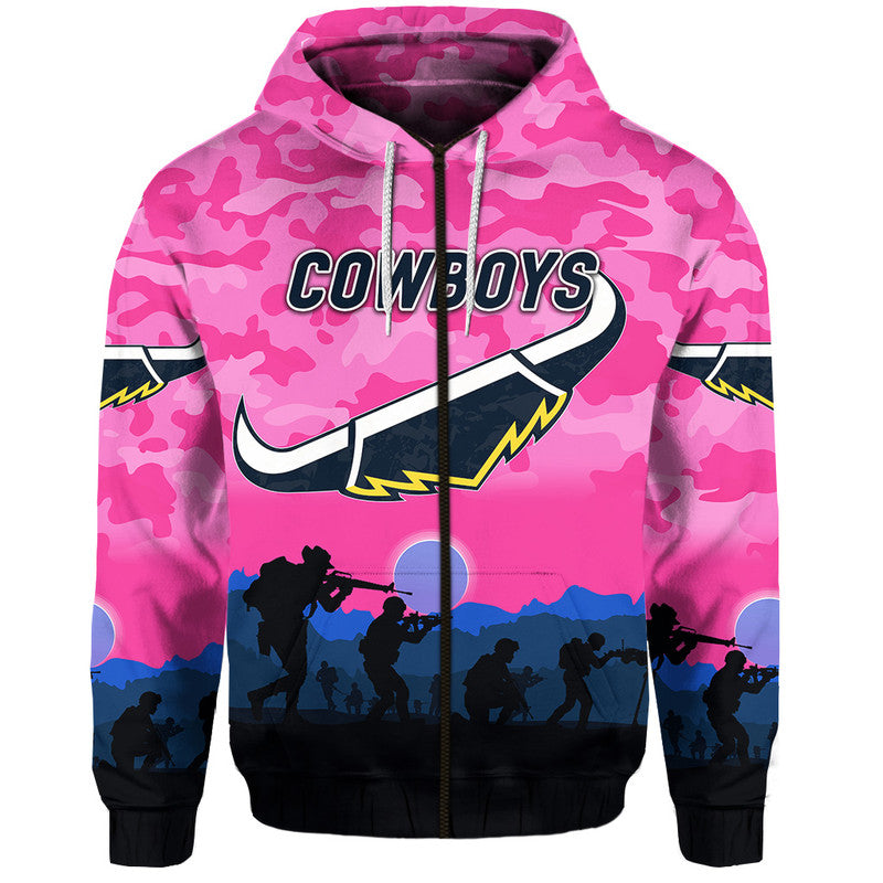 North Queensland Cowboys ANZAC 2022 Zip Up And Pullover Hoodie Simple Style - Pink LT8 - Vibe Hoodie Shop
