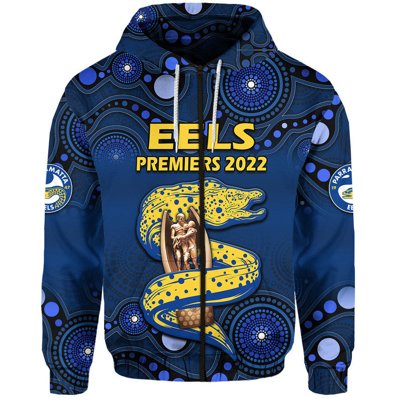 Parramatta Eels Rugby Premiers 2022 Zip Up And Pullover Hoodie Eels Champion Aboriginal Dot Blue Style LT9 - Vibe Hoodie Shop