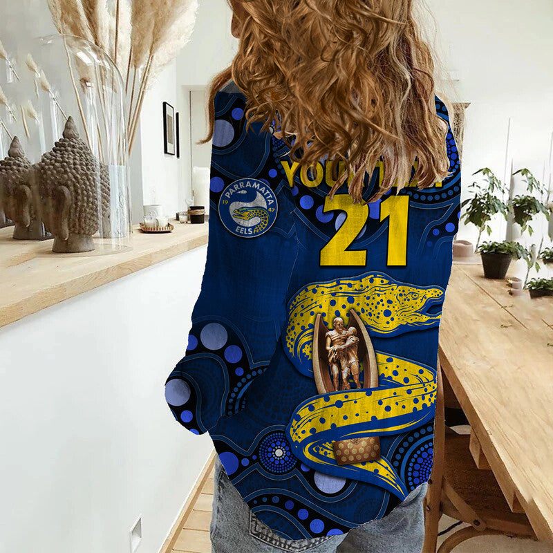 (Custom Personalised) Parramatta Eels Rugby Premiers 2022 Women Casual Shirt Eels Champion Aboriginal Dot Blue Style - Vibe Hoodie Shop