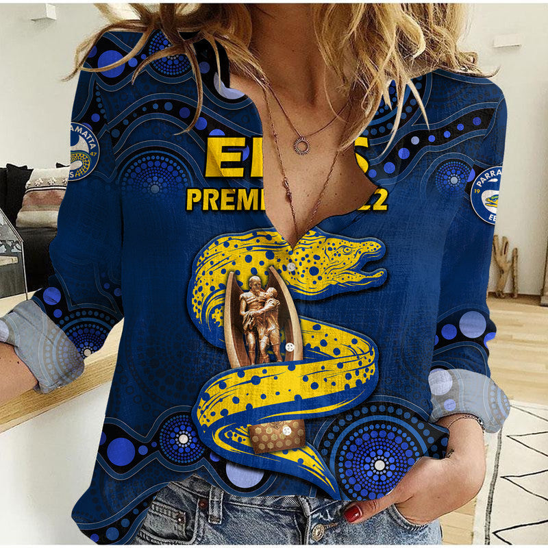 (Custom Personalised) Parramatta Eels Rugby Premiers 2022 Women Casual Shirt Eels Champion Aboriginal Dot Blue Style - Vibe Hoodie Shop