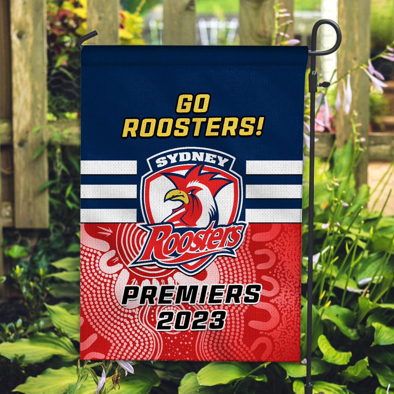 Roosters Rugby Garden Flag Aboriginal Go Premiers 2023 - Vibe Hoodie Shop