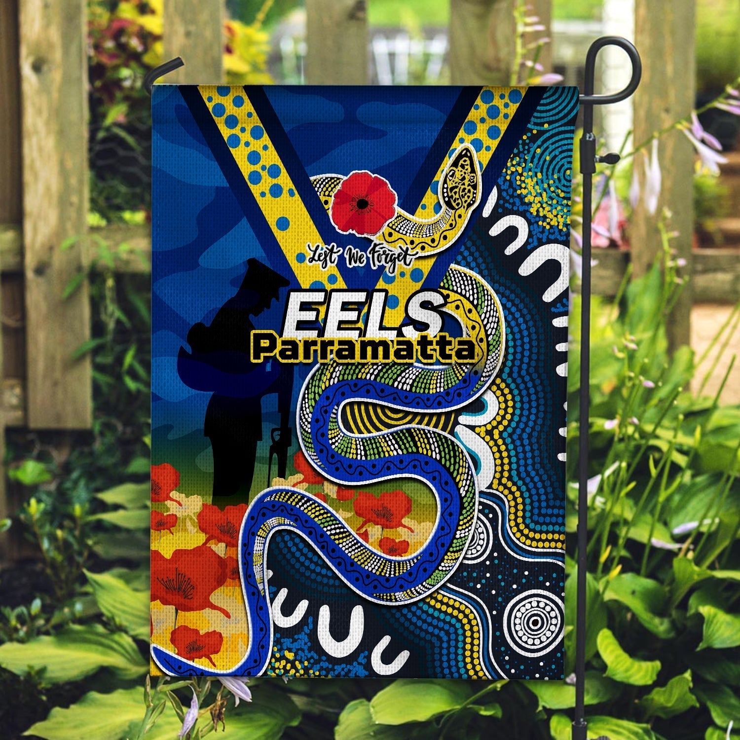 Eels Rugby ANZAC 2023 Flag Aboriginal Mix Poppy Lest We Forget - Vibe Hoodie Shop