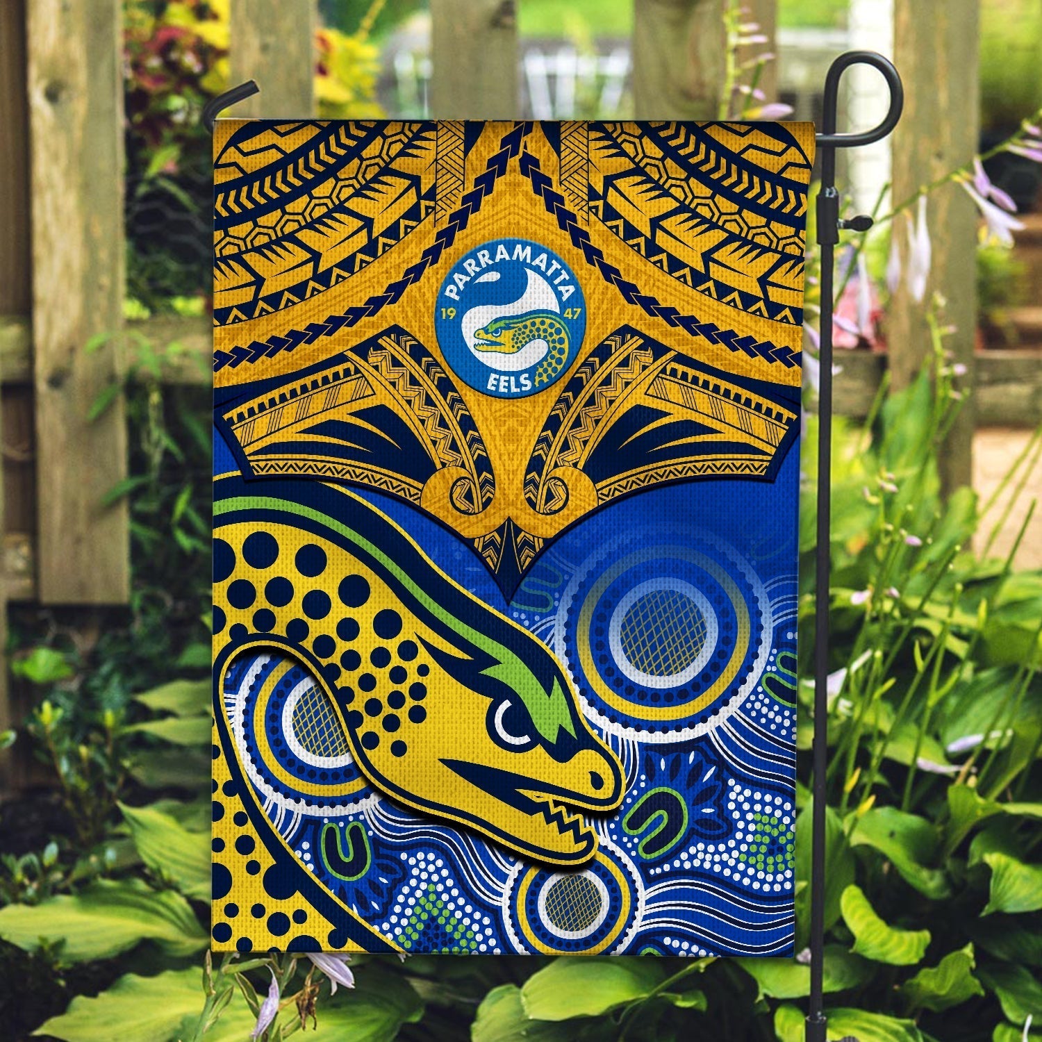 Parramatta Rugby 2023 Flag Go Eels Polynesian Mix Indigenous Art - Vibe Hoodie Shop