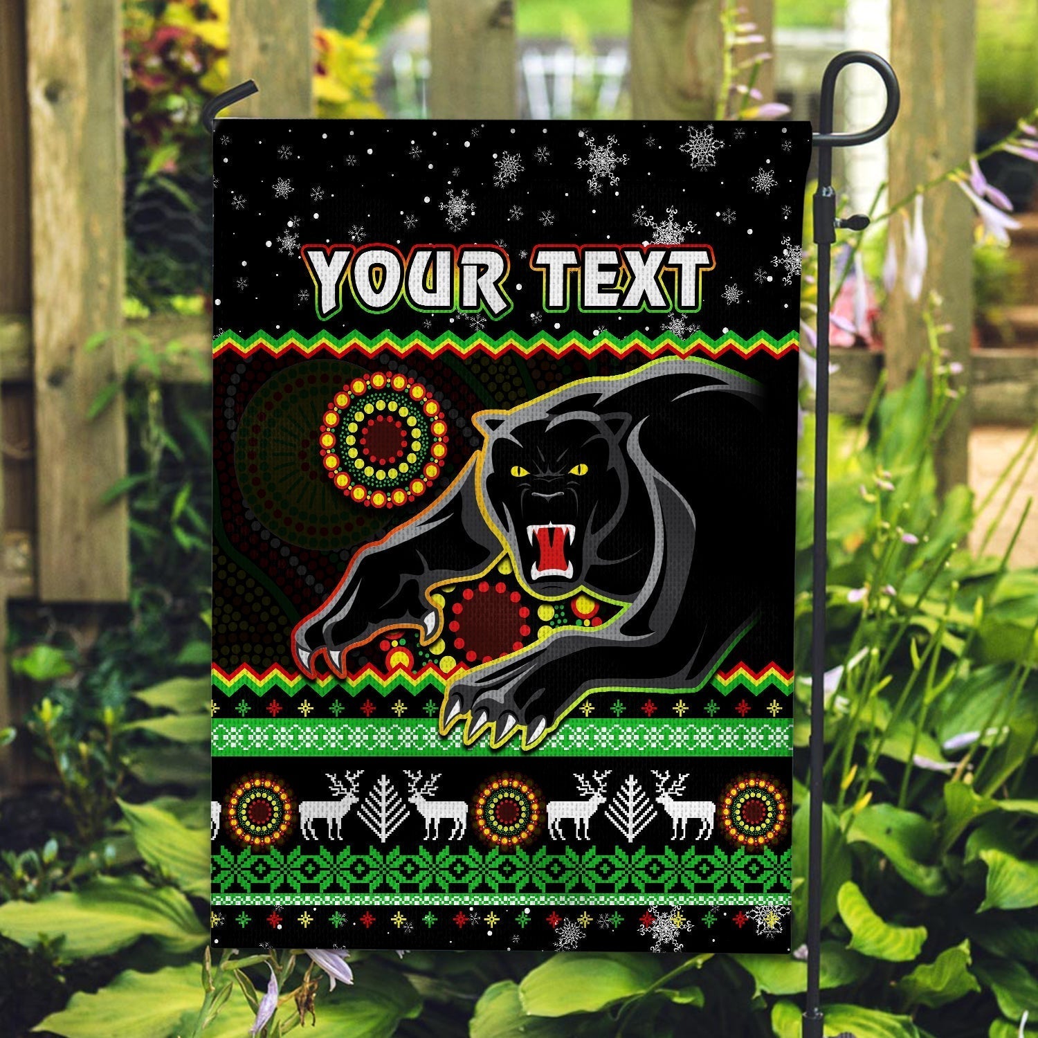 (Custom Personalised) Panthers Christmas Flag Aboriginal Pattern Penrith Black Version - Vibe Hoodie Shop