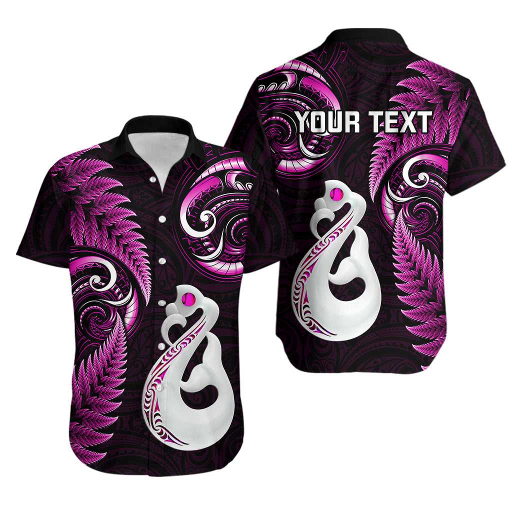 Personalised New Zealand Couples Off The Shoulder Long Sleeve Dress and Hawaiian Shirt Aotearoa Silver Fern With Manaia Maori Unique Pink LT14
