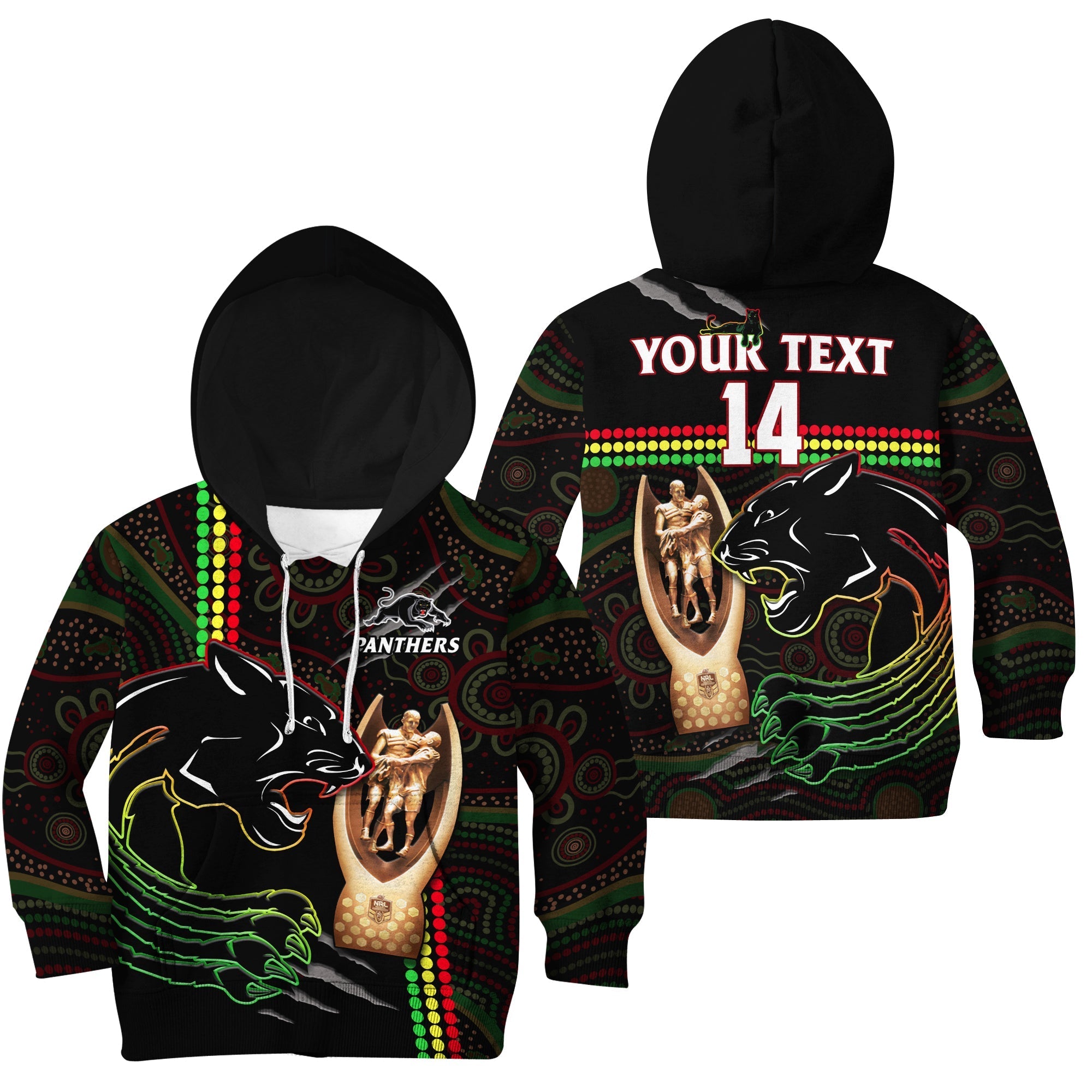 (Custom Text And Number) Panthers Rugby Hoodie KID The Riff 2022 Premiers Aboriginal Art - Vibe Hoodie Shop