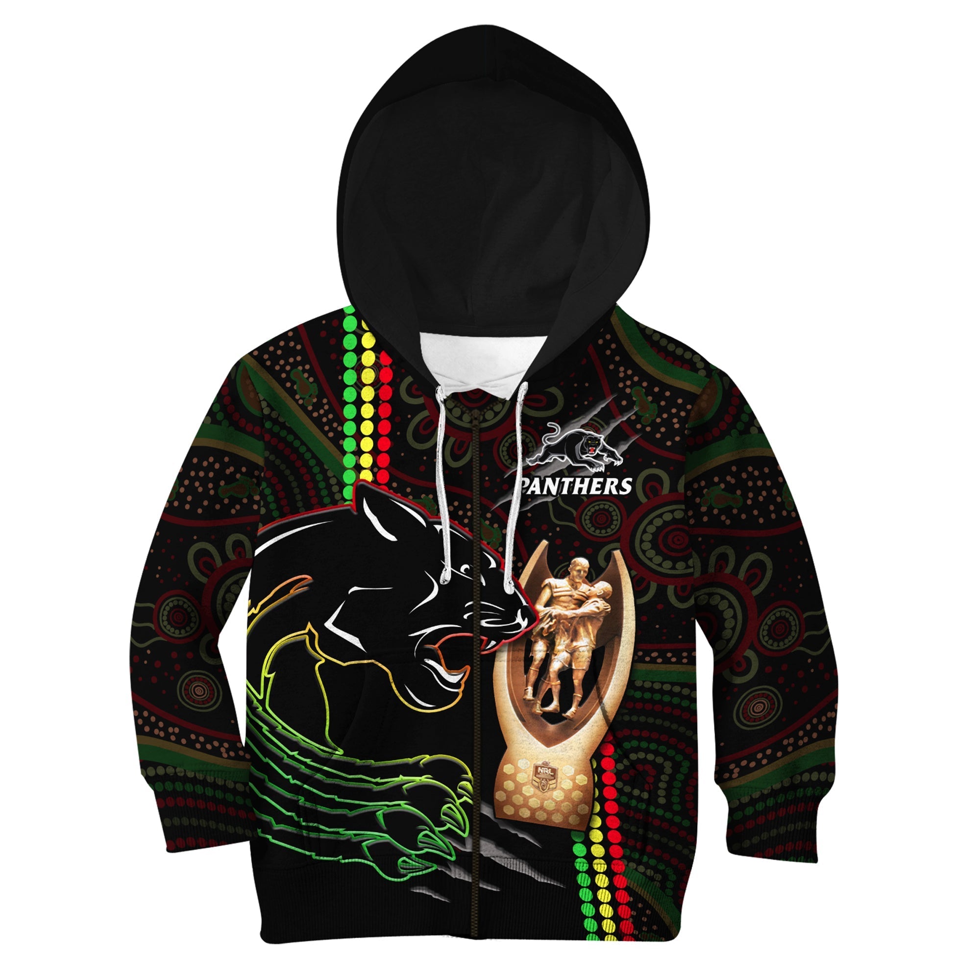 (Custom Text And Number) Panthers Rugby Hoodie KID The Riff 2022 Premiers Aboriginal Art - Vibe Hoodie Shop