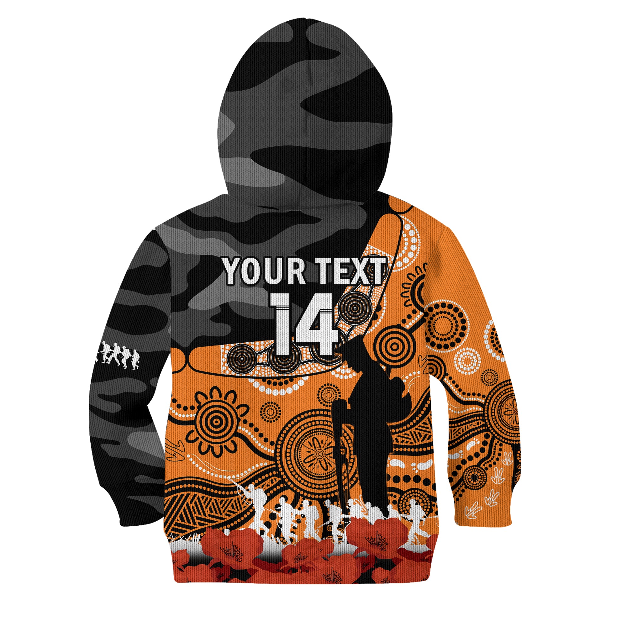 (Custom Text And Number) Giants Football ANZAC 2023 KID Hoodie GWS Aboriginal Mix Poppy Camouflage - Vibe Hoodie Shop