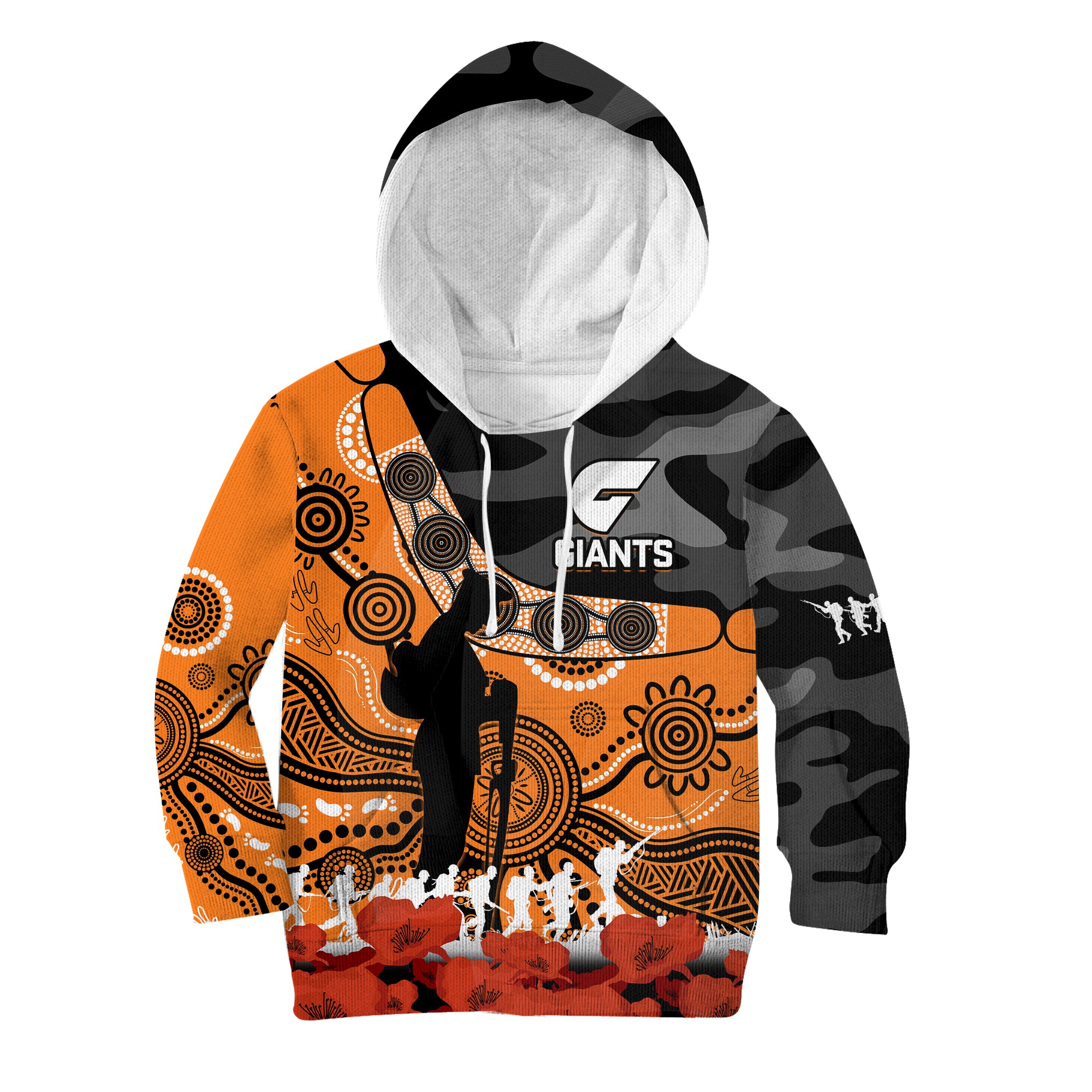 (Custom Text And Number) Giants Football ANZAC 2023 KID Hoodie GWS Aboriginal Mix Poppy Camouflage - Vibe Hoodie Shop