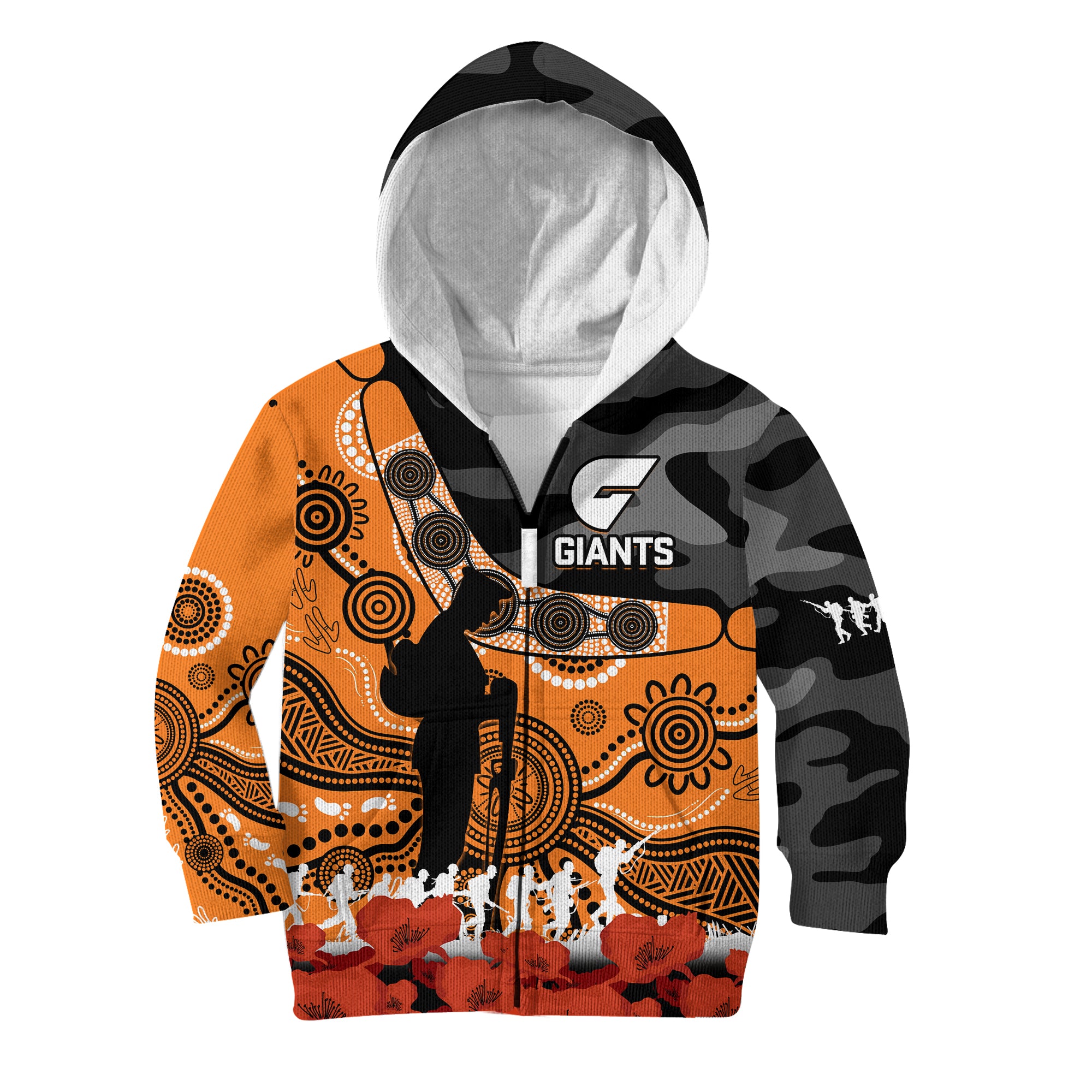 (Custom Text And Number) Giants Football ANZAC 2023 KID Hoodie GWS Aboriginal Mix Poppy Camouflage - Vibe Hoodie Shop