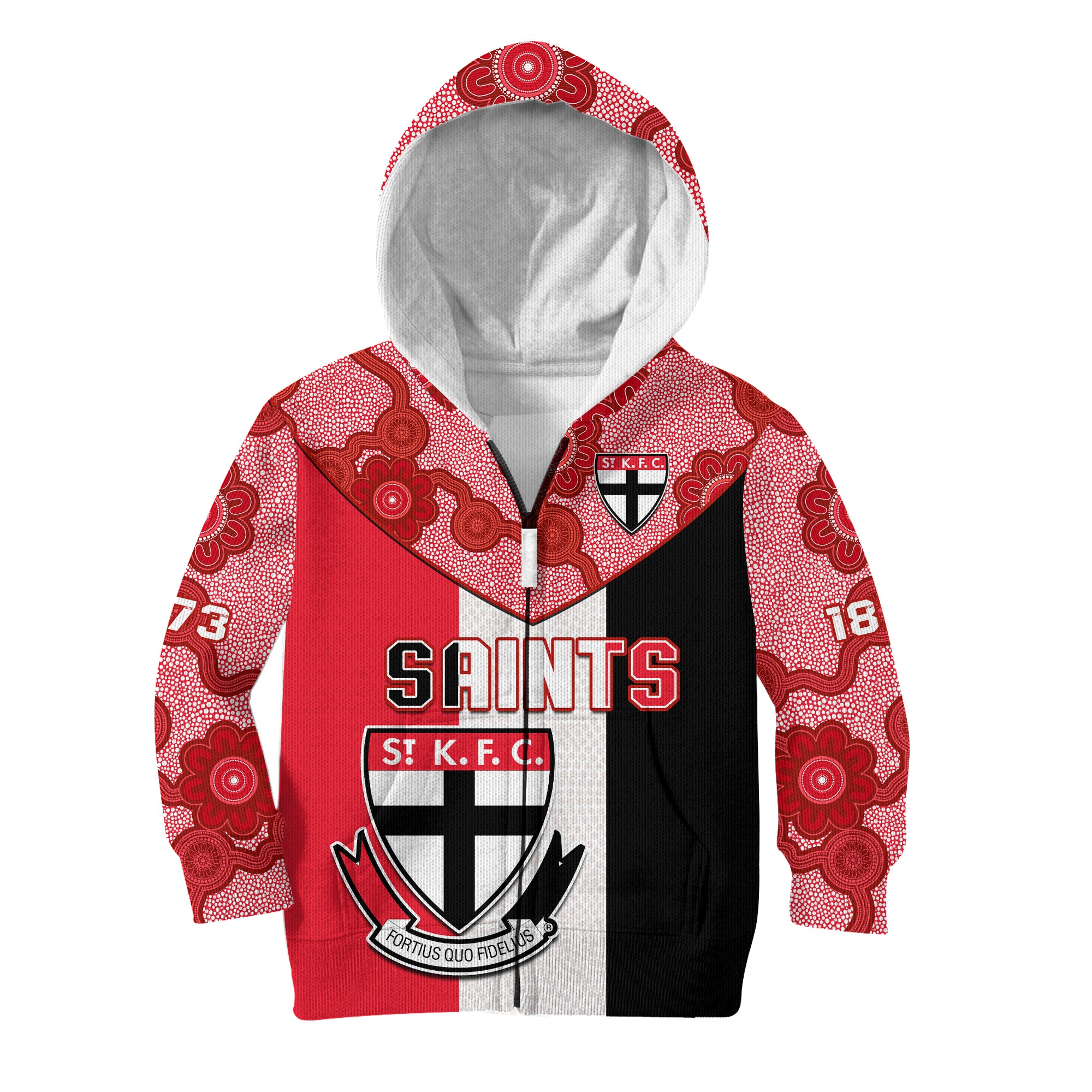 (Custom Text And Number) Saints Football Hoodie KID St Kilda 1873 Aboriginal Dot Painting - Vibe Hoodie Shop