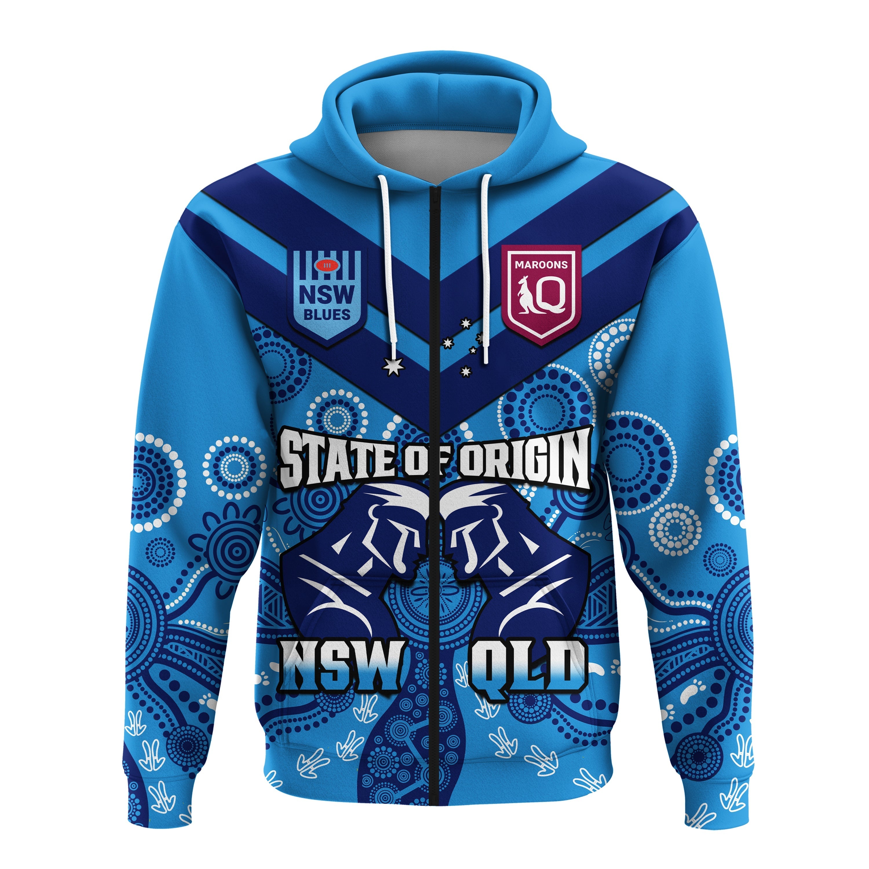 Personalised QLD Maroons And NSW Blues Rugby Hoodie State of Origin Indigenous Blue Version - Vibe Hoodie Shop