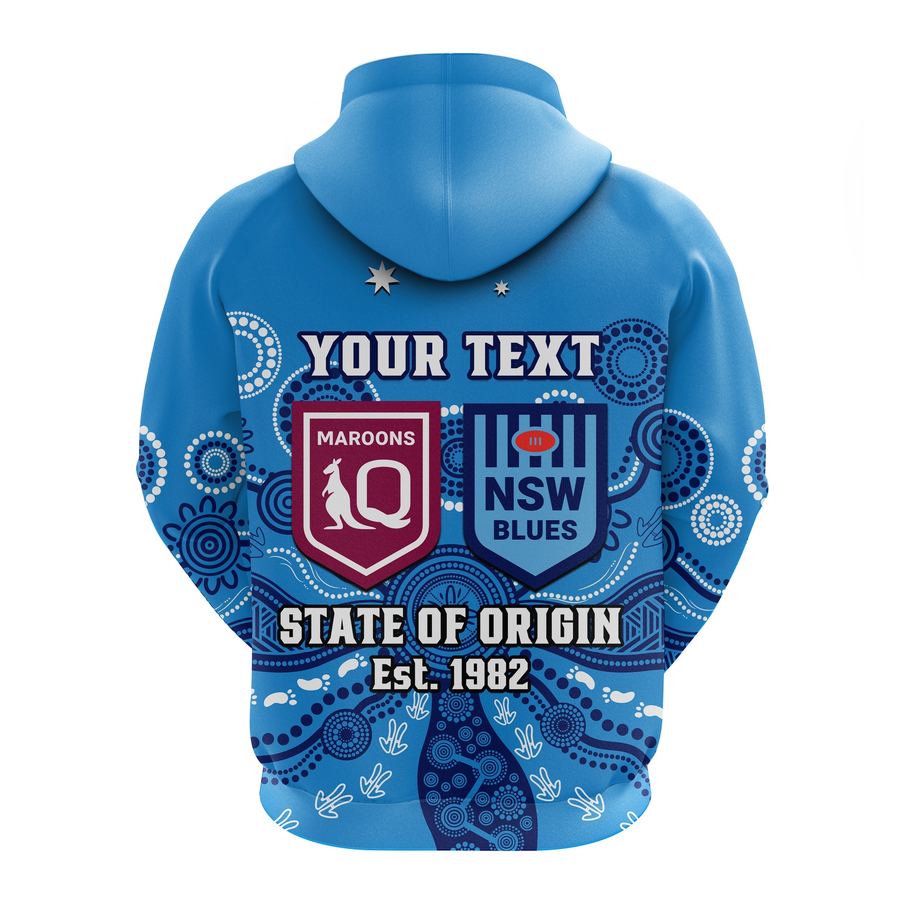 Personalised QLD Maroons And NSW Blues Rugby Hoodie State of Origin Indigenous Blue Version - Vibe Hoodie Shop