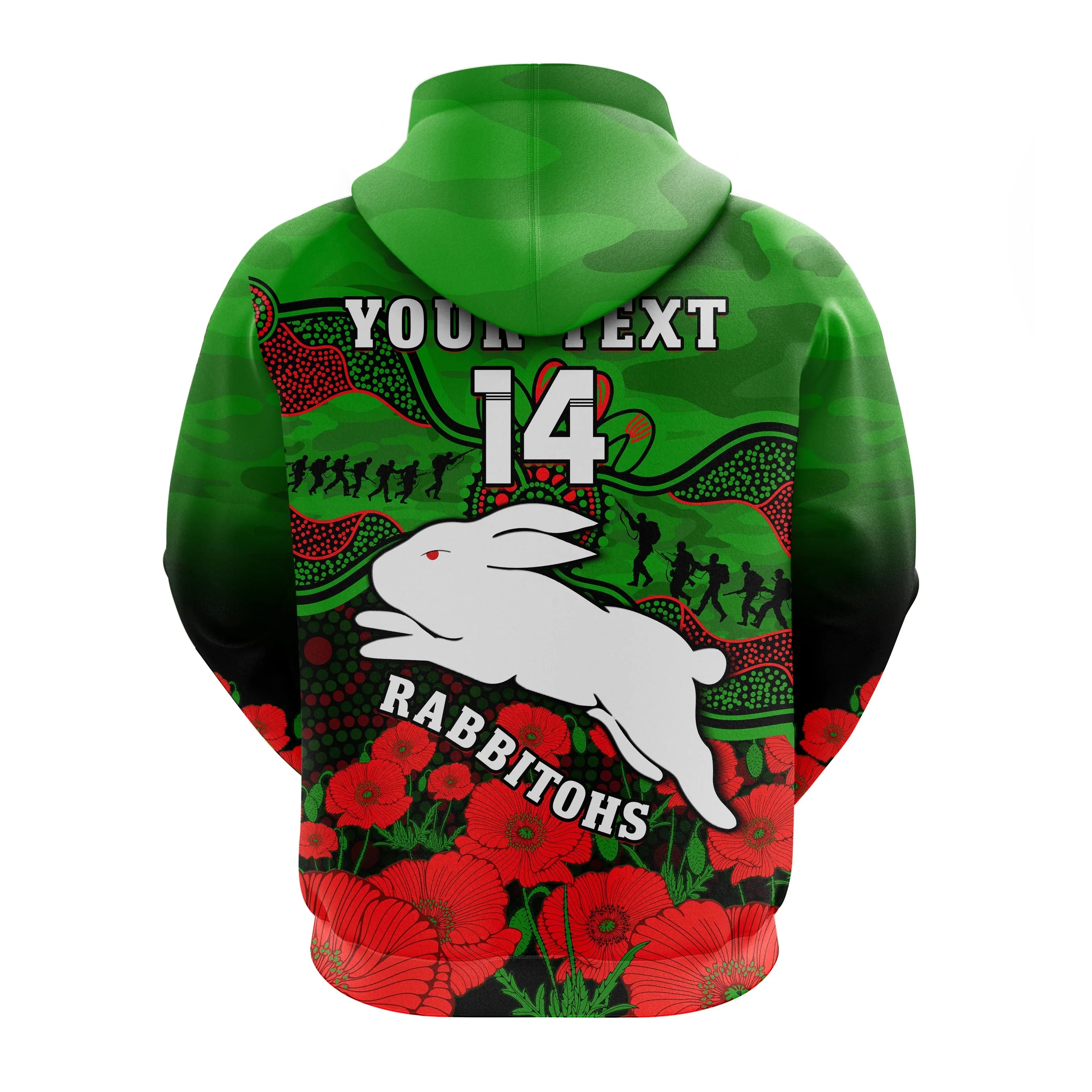 (Custom Text And Number) Rabbitohs Rugby ANZAC Hoodie South Sydney Camouflage Poppy Aboriginal - Vibe Hoodie Shop