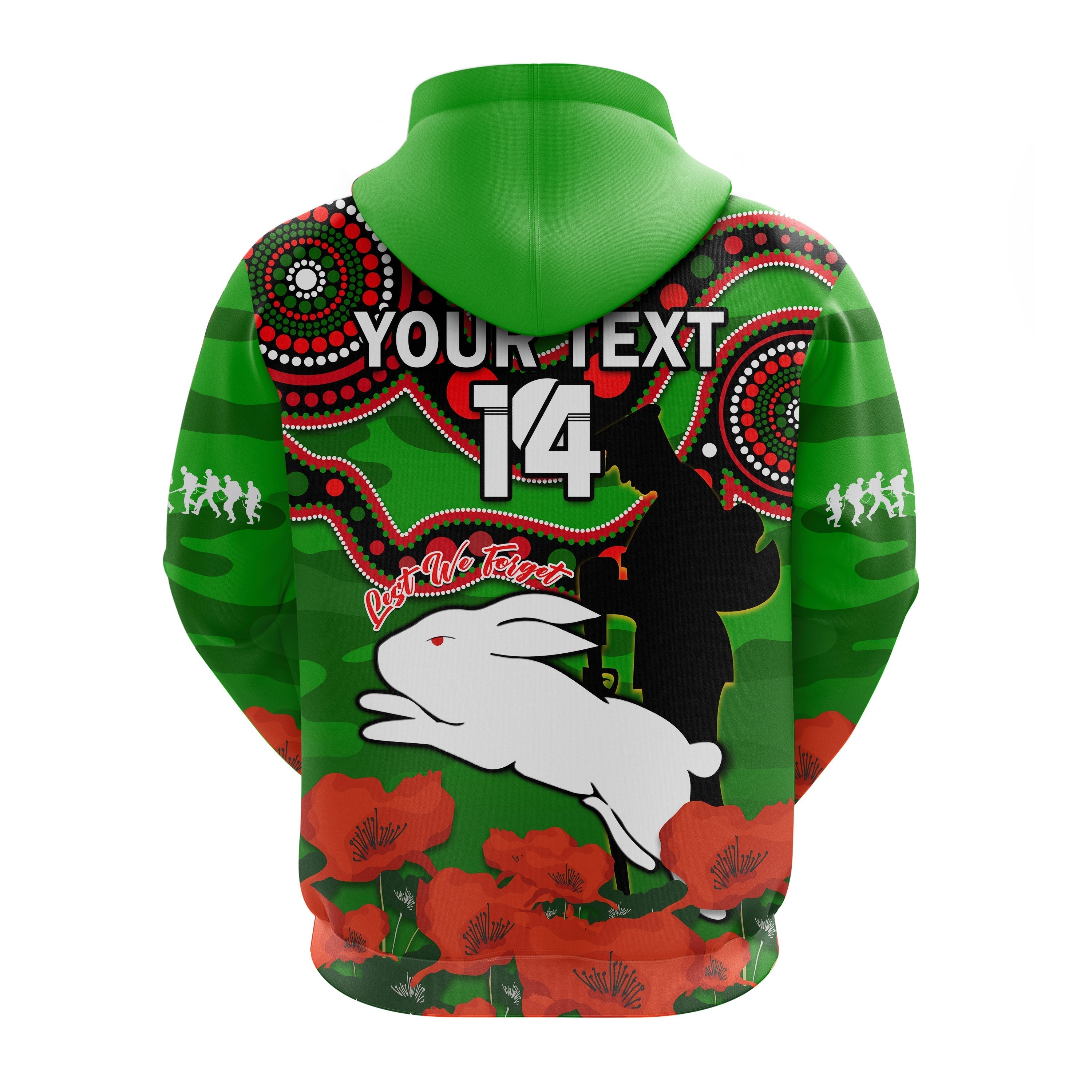 (Custom Text And Number) Rabbitohs Rugby ANZAC 2023 Hoodie Lest We Forget - Vibe Hoodie Shop